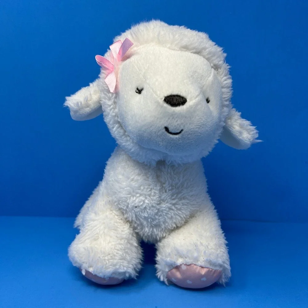 Carters Plush Lamb Small White Pink Bow Polka Dot Feet‎ Heart Patch Nursery Toy